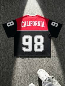 Men's Loose Fit "CALIFORNIA 98" Racing Car Graphic T-Shirt, Street Sports Motorcycle Theme Tee - Red - View 3