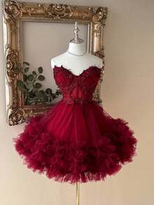 Lovelzi Elegante y lujoso vestido corto hecho a mano con aplicaciones bordadas, encaje de ganchillo y parches de satén, con abertura en la cintura, adecuado para citas, fiestas de solteros, galas, bailes, Día de San Valentín - Burdeos - Ver 7