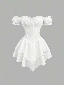Vestido corto romántico y dulce para mujer, con hombros descubiertos, mangas abullonadas, cintura con cordón, bajo asimétrico con volantes, elegante y refinado vestido blanco para fiestas y citas en primavera/verano - Blanco - Ver 1