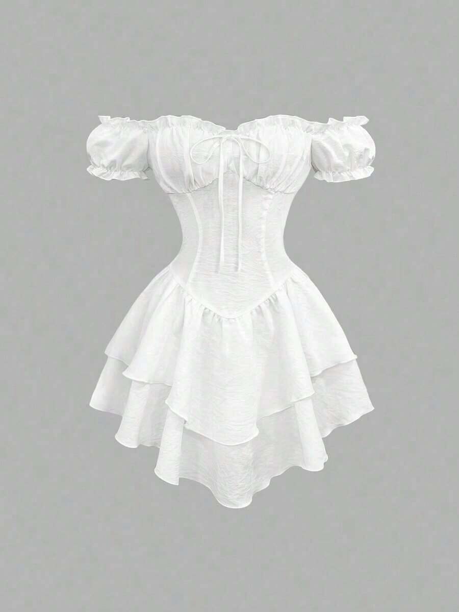 Vestido corto romántico y dulce para mujer, con hombros descubiertos, mangas abullonadas, cintura con cordón, bajo asimétrico con volantes, elegante y refinado vestido blanco para fiestas y citas en primavera/verano - Blanco - Ver 1