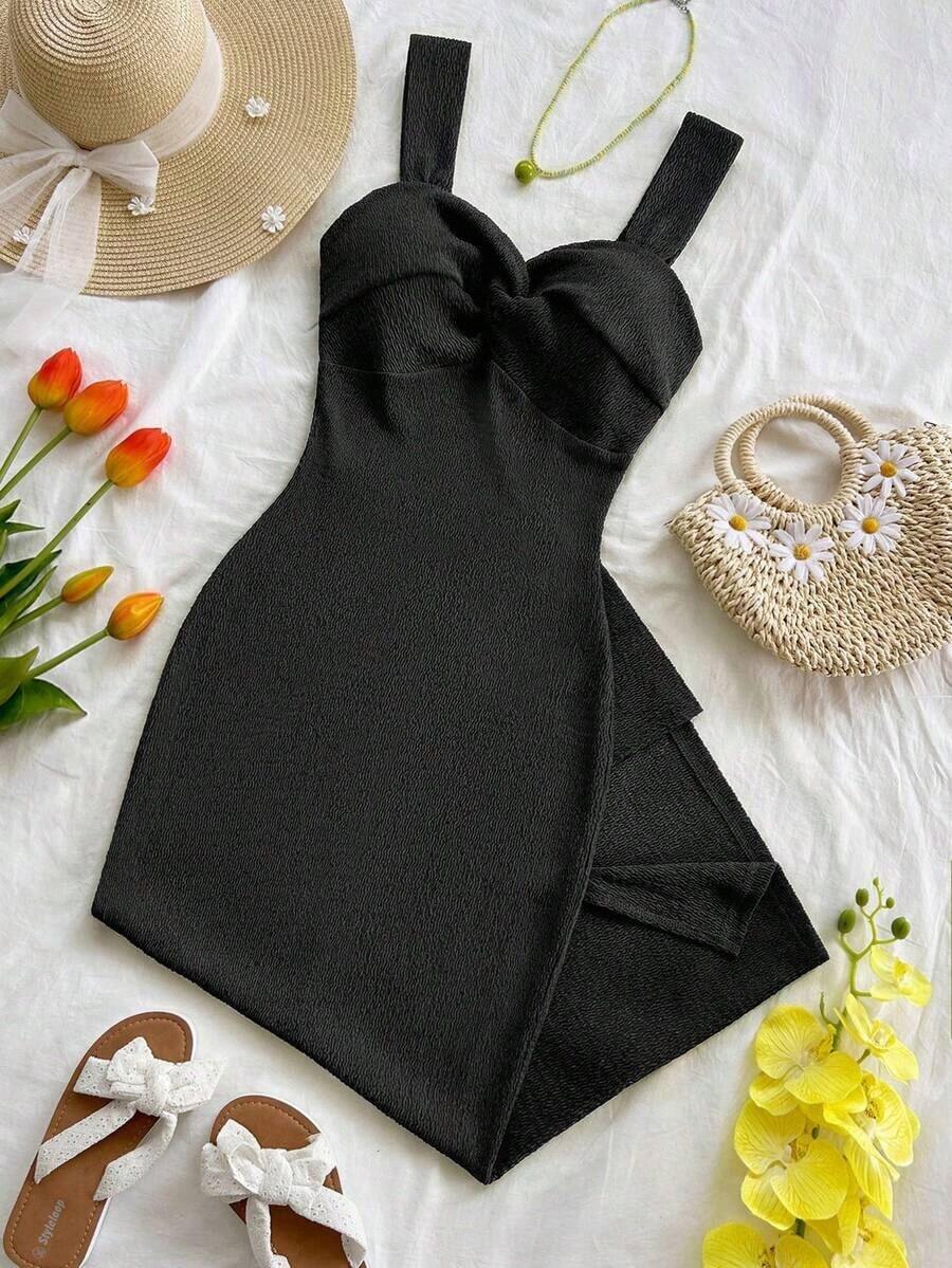 MEXSoleia Vestido midi de verano con estampado de rayas de contraste y abertura, estilo bohemio para mujerMEX KCSS - Negro - Ver 1