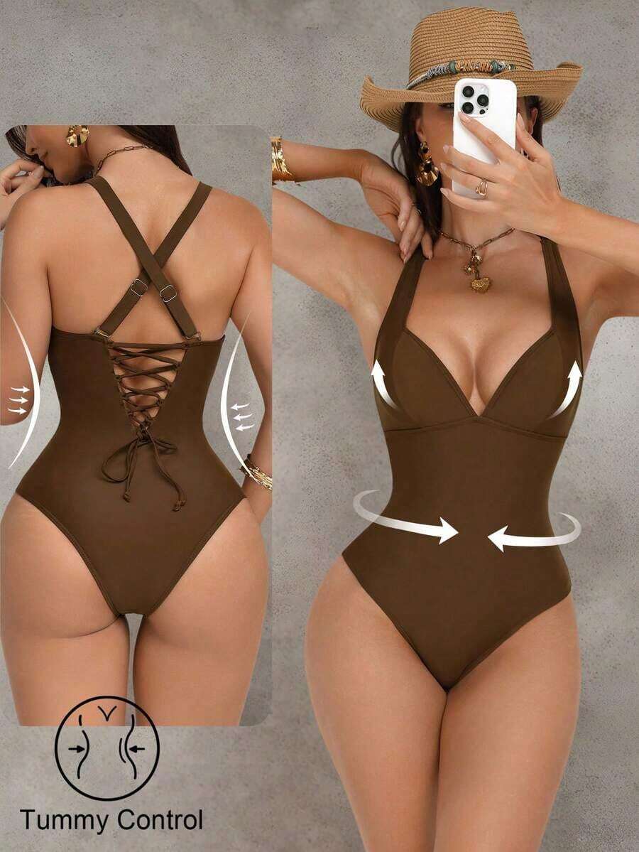 Traje de baño de una pieza con control de abdomen y push-up, con espalda cruzada, en color marrón con diseño de patchwork, elegante y sexy para fiestas y piscina - Café integral - Ver 1