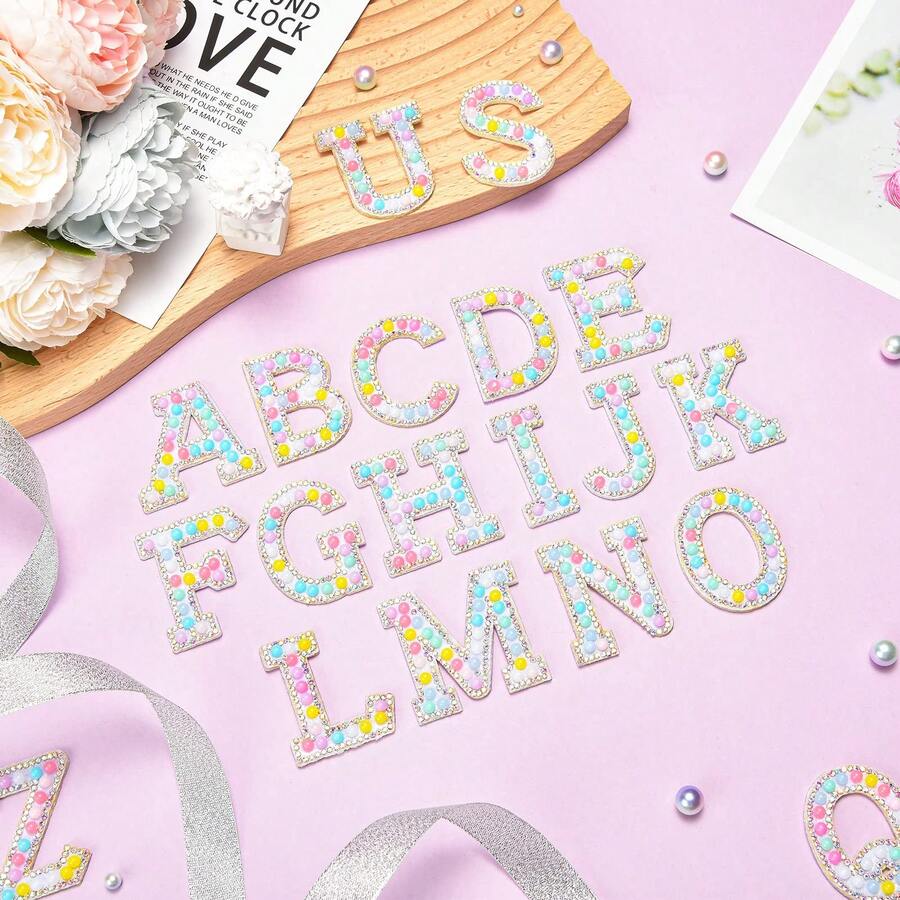 26pcs Macaron Color Pearl Adhesive Letters, Self-Adhesive Pearl & Rhinestone Alphabet Patches, Widely Applicable - Iron-On Letters Suitable For Clothes, Bags, Hats & More, Can Be Used For Repair, Decoration And Various DIY Crafts - Multicolor - View 1