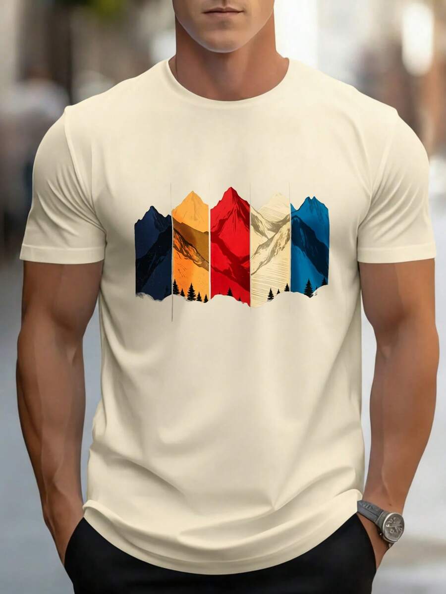 Men's Urban Style T-Shirt, Mountain Print, Colorful Abstract Art, Machine Washable, Casual For Daily Wear, Fitness And Outdoors | Sports And Casual T-Shirts - 杏色 - 查看 1