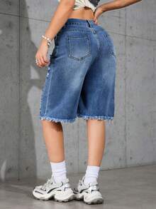 Washed Ombre Distressed Loose Denim Shorts, Casual Summer ,Petite Women - Blue - View 2