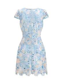Vestido romántico de manga corta con estampado floral diminuto y bajo asimétrico de encaje para mujer - Celeste - Ver 3