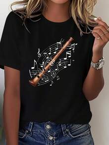 Comfortable Women's T-Shirt Made Of Sheer Fabric With Rotating Musical Notes And A Tape Recorder Design - 黑色 - 查看 1