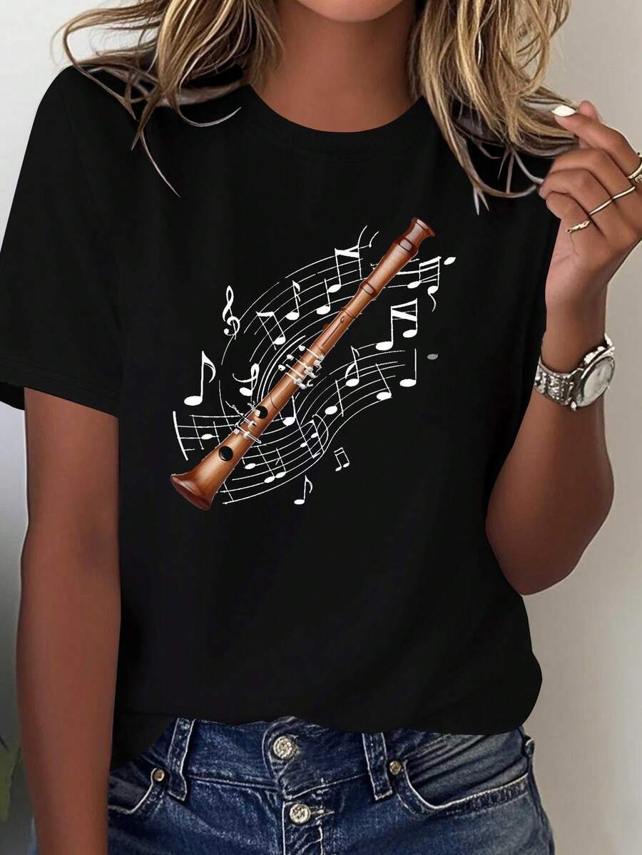 Comfortable Women's T-Shirt Made Of Sheer Fabric With Rotating Musical Notes And A Tape Recorder Design - 黑色 - 查看 1