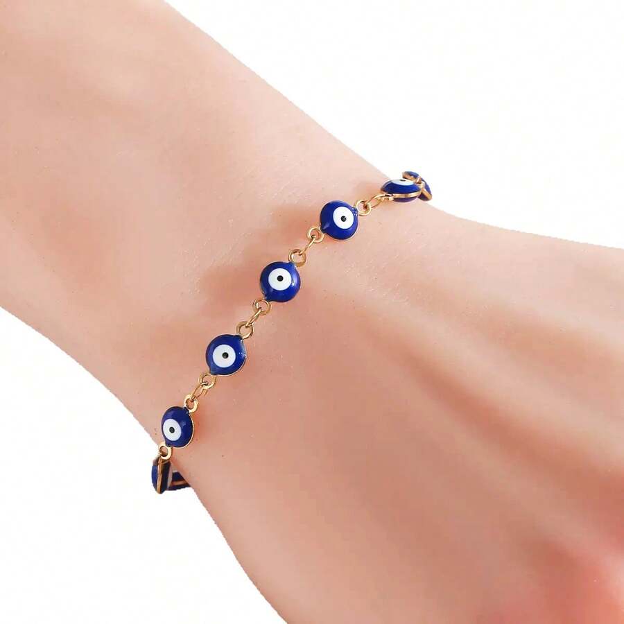 1 pieza Pulsera de ojo azul del mal chapada en oro de 18K, pulsera de cadena minimalista y elegante, a juego para parejas, accesorio de moda con amuleto de la suerte, versátil para uso casual, fiesta, vacaciones, adecuado como regalo para novia, mejor amiga, San Valentín, graduación, cumpleaños - Pulsera del Ojo Turco - Ver 1