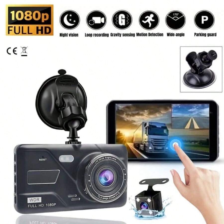 1080P Touch Screen Dual Dash Cam, Front And Rear Recording, Includes 32GB Storage Card, Car DVR With G-Sensor, 170° Wide Angle, 4" IPS Screen, 24-Hour Parking Monitor Mode, Supports Up To 64GB Storage Card