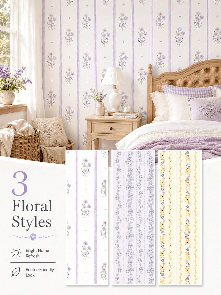 SUPSTICKER Floral Striped Wallpaper, Peel And Stick Removable, 17.72x53.15/88.58/141.73 Inches, 3 Styles, Suitable For Bedroom And Living Room - 1PC - View 1