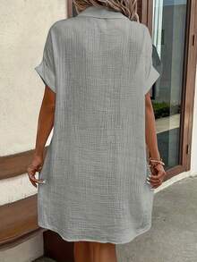 Vestido Camisero Casual de Color Sólido Moda 2026, Mini Vestido Elegante con Cuello de Solapa y Botones para Mujer, Ropa Cómoda de Verano Diario - Gris - Ver 2