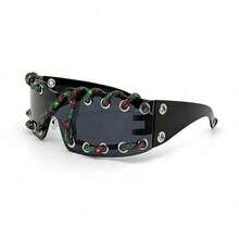à la mode et luxueux, style punk sans monture, orné d'anneaux métalliques brillants et de clous, incarnant une atmosphère de fête rétro-futuriste. - Cadre noir, panneaux noirs et gris, lignes argentées - Voir 7