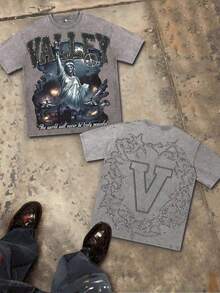 Valley Dreams 230g Pure Cotton Retro Wash T-Shirt, Double-Sided Print, Christian Style, Rock Band Collaboration Print, Y2K Pattern T-Shirt, Pure Cotton Urban Style T-Shirt, Holiday Gift. - 寶藍色 - 查看 11