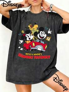 Disney Mickey & Minnie's Runaway Railway Graphic Washed T?Shirt For Women, 100% Cotton Oversized Vintage Short Sleeve Tee, Disney Ride Attraction Themed Casual Top Unisex T?Shirt - màu đen - Xem 1