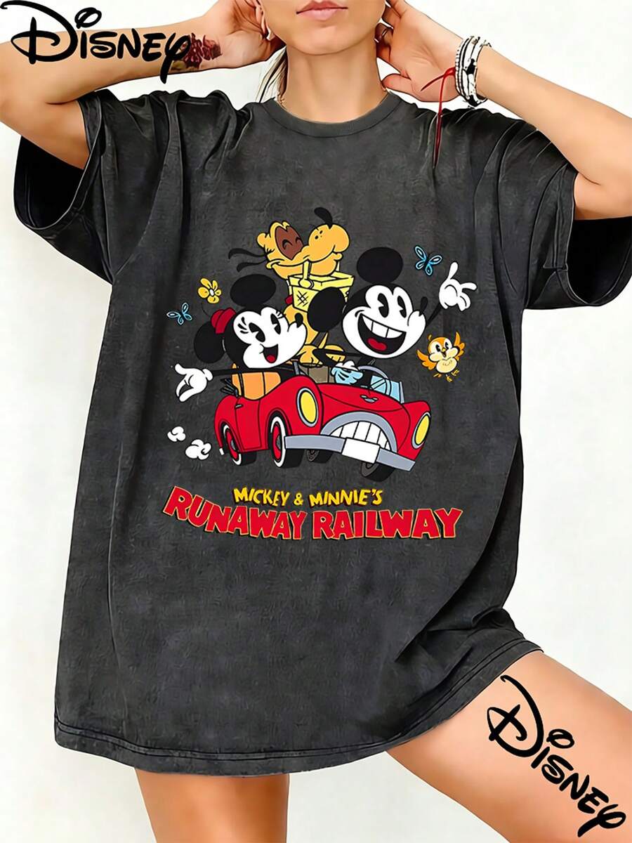 Disney Mickey & Minnie's Runaway Railway Graphic Washed T?Shirt For Women, 100% Cotton Oversized Vintage Short Sleeve Tee, Disney Ride Attraction Themed Casual Top Unisex T?Shirt - màu đen - Xem 1