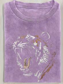 Short-Sleeved T-Shirt With Retro-Style Tiger Portrait Print, 230g, Heavy Wash, Batik, Double-Sided Print, Men's Short-Sleeved T-Shirt, Outdoor Sweater, Vintage Wash, 100% Cotton, For Everyday Use. - 綠色 - 查看 11