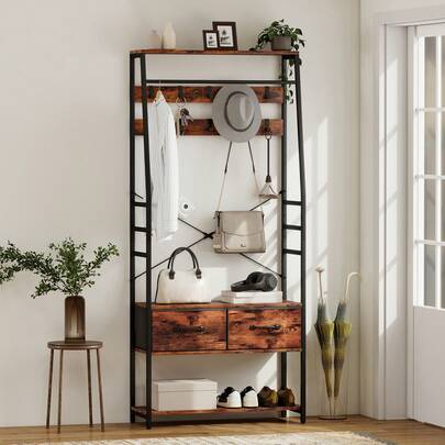 HOMCOM Garderobenständer, Kleiderständer Mit 10 Verstellbaren Haken, Schuhbank, Stoff-Schublade, Kleiderstange, Industrie-Design Garderobe Für Flur, Schlafzimmer, Rustikal-Brown, Höhe 180 Cm