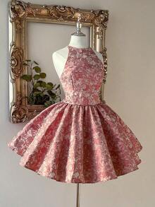 Lovelzi Vestido elegante, romántico y sexy de jacquard dorado, espalda descubierta, cintura con lazo, para fiesta de cumpleaños, baile, invitada de boda o graduación - Rosa vieja - Ver 3