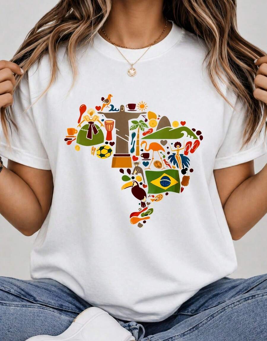 Women's Oversized Cultural Brazil T-Shirt, Tropical Brazil World Cup Shirt, Casual Streetwear T-Shirt, Fashion Rio Carnival, Football, Beach, Toucan, 100% Premium Cotton, Unisex - 白色 - 查看 1