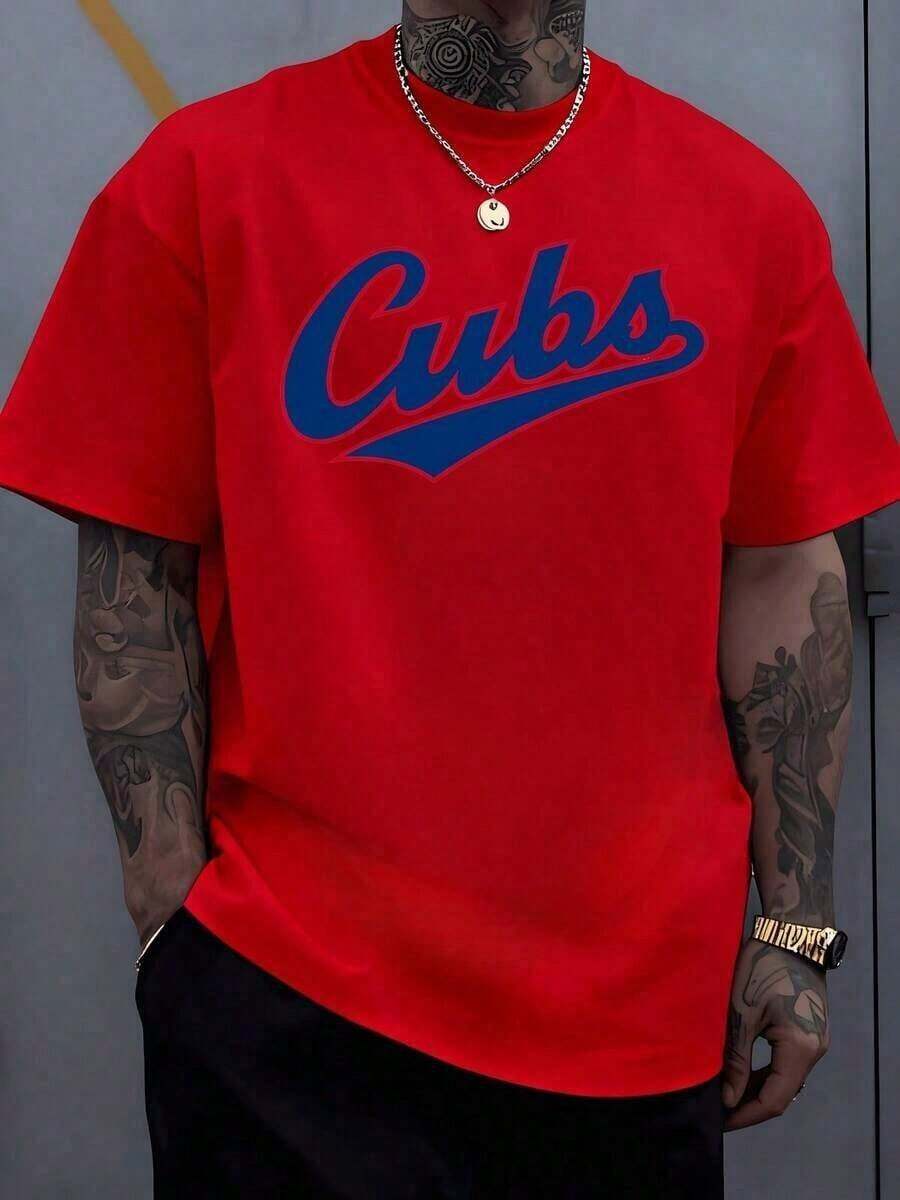 Cubs Vintage Graphic Digital Printed Sports Tee | 220g Cotton Loose Fit Summer Fitness Outdoor Shirt Father's Day Gift - 紅色 - 查看 1