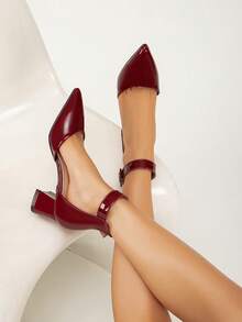Women's New Fashion Burgundy High Heels, Cute Solid Color Minimalist Versatile Closed Toe Slingback Hollow Buckle Elegant Party Sexy Commute Office Pointed Toe Thick High Heel Sandals, All Season - Burgundy - View 2