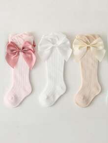 3 Pairs Girls' Satin Bow Cotton Mesh Socks - Multicolor - View 5