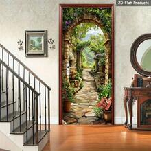1/2pcs Self-Adhesive Removable Door Sticker - Garden Path With Stone Arch Scenery, PVC Vinyl Decorative Decal For Bedroom, Living Room, Bathroom, Glossy Green Plant Home Decor, High Gloss Wall Sticker, Harmonious Haven Theme, Easy Installation, Apartment Decor - A - View 9