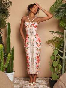 Vestido ajustado sin espalda con estampado tropical casual de vacaciones, conjunto de verano para mujer, atuendo de playa para mujer, vestimenta occidental para mujer, atuendo de concierto para mujer, boho, vacaciones tropicales, vestidos bohemios para mujer, vestidos tropicales para mujer, vestidos para mujer, nuevos lanzamientos de vestidos de vacaciones para mujer, atuendos de vacaciones para mujer - Multicolor 2 - Ver 11