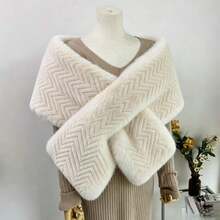 1pc Women's Winter Champagne Color Long Faux Fur Bridal Shawl, Winter Coat - Beige - View 13