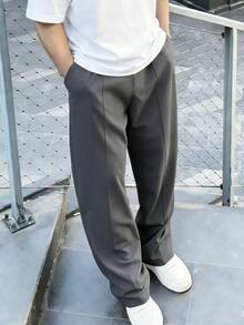 1pc Tween Boys Casual Solid Color Toothpick Pleated Decor Sports Outdoor Waffle Straight Leg Pants, Spring/Autumn - Dark Grey - View 1