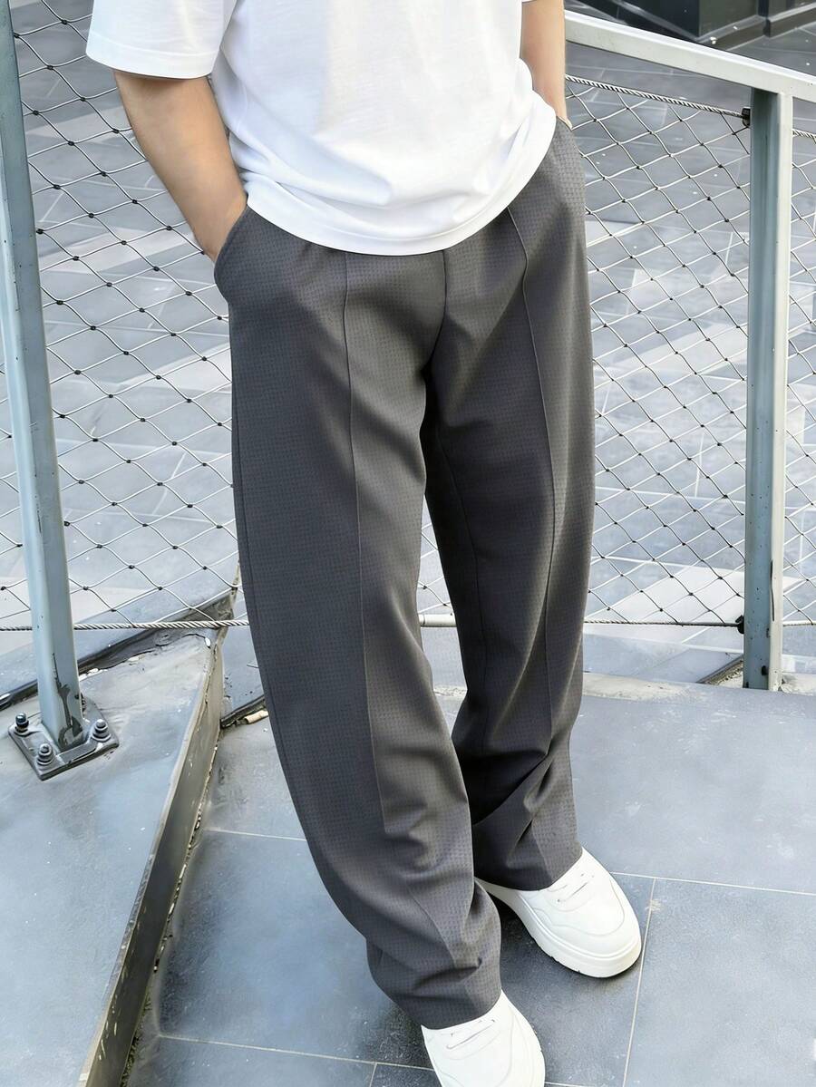 1pc Tween Boys Casual Solid Color Toothpick Pleated Decor Sports Outdoor Waffle Straight Leg Pants, Spring/Autumn - Dark Grey - View 1