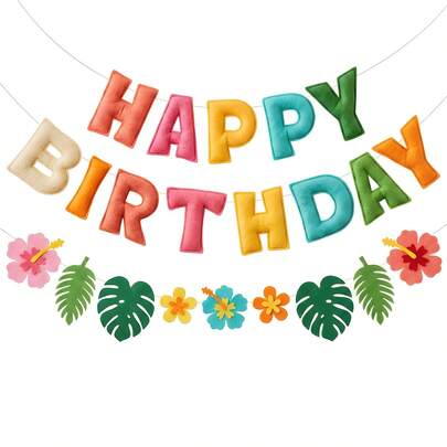 2D Flat Colorful Felt Hawaiian Theme Birthday Party Bunting And Hanging, Design Elements Include Hawaiian Green Leaves And Flowers, Suitable For Birthday Parties, Beach Parties And Photo Props