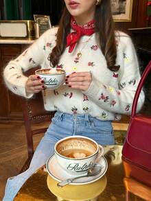 Women's Beige Floral Embroidered Round Neck Knit Sweater, French Vintage Style Loose Fit Top For Autumn/Winter, Suitable For Daily Commute And Casual Wear - Beige - View 5
