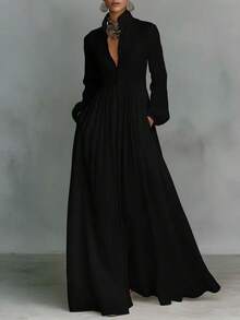 2026 Spring Solid Maxi Dress, High Waist Flowy Swing Gown, Elegant Outfit For Party Date Vacation Daily Wear - 黑色 - 查看 4
