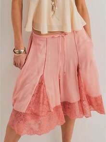 Women's Knee Length Shorts Casual Stylish Lace Patchwork Drawstring Mid Rise Shorts for Summer - Rosa - Ver 1