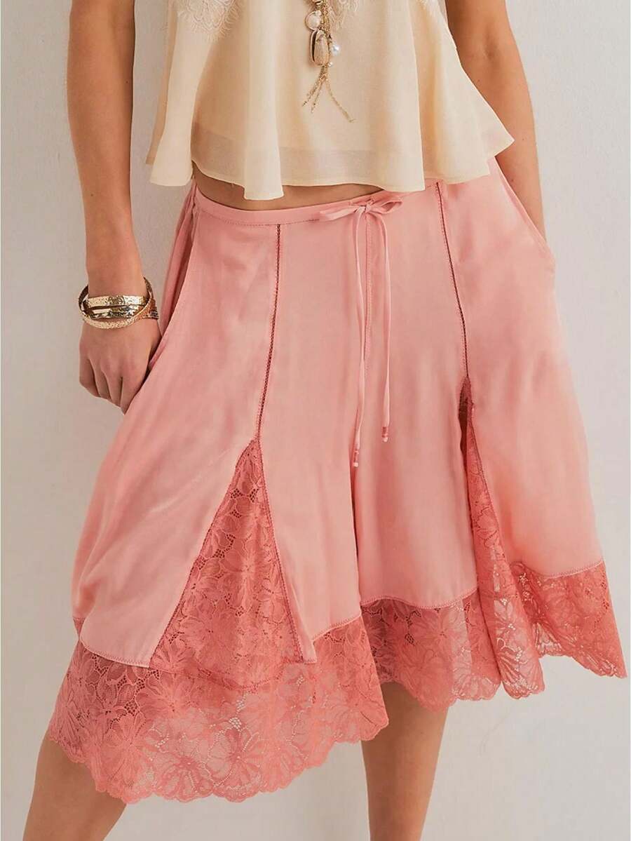Women's Knee Length Shorts Casual Stylish Lace Patchwork Drawstring Mid Rise Shorts for Summer - Rosa - Ver 1