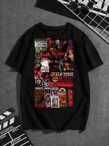 Camiseta negra casual de verano para hombre, 100% algodón, con un llamativo collage de Freddy Krueger y carteles de películas de terror, incluyendo "Pesadilla en la calle de los olmos", perfecta para los fans de las películas de terror clásicas y para quienes buscan un diseño audaz y llamativo. . Camiseta Gráfica Vintage Negra - Urbano Latino / Estilo Feid / Street Style / Cómoda y a la Moda, Camiseta unisex de corte holgado para el verano, estilo streetwear con una estética urbana relajada, adecuada para el uso diario, atuendos modernos e informales. - Negro - Ver 6