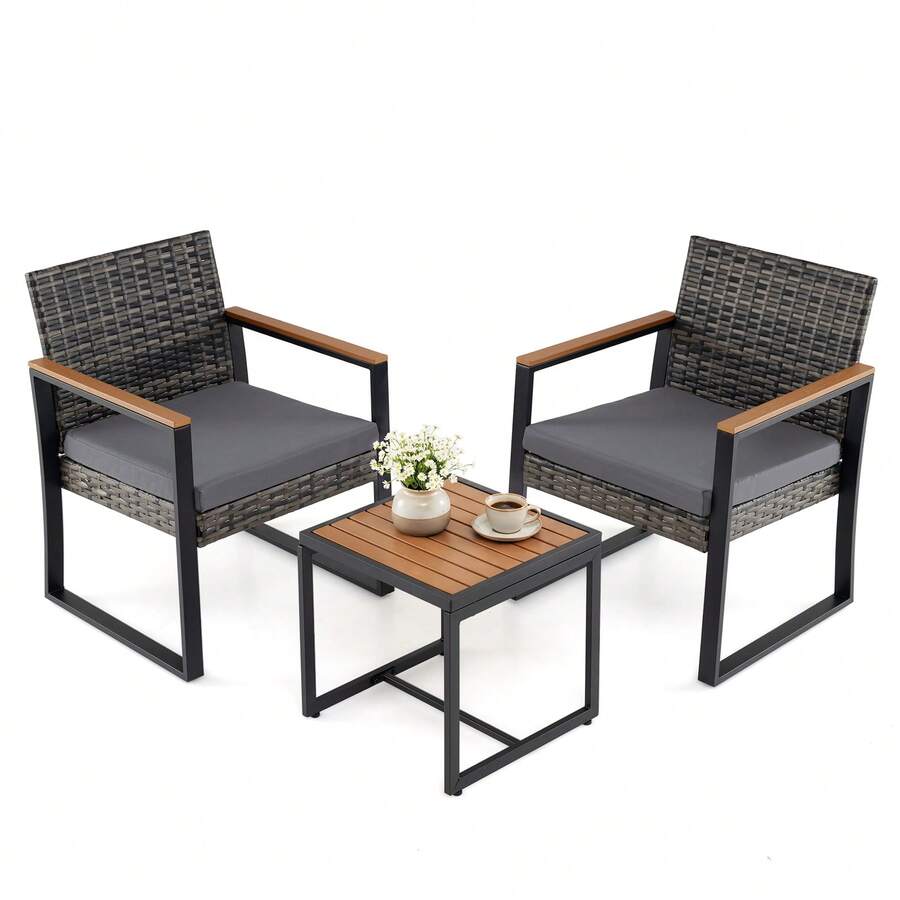 Outdoor Bistro Set Of 3 PE Wicker Patio Furniture Set With Soft Cushion & Side Table 12 Adjustable Feet - Grey - View 1