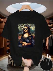 Men's Round Neck, Short Sleeve, Printed Summer T-Shirt, Easy To Wear, Comfortable Design With Fashionable Elements, High Comfort, Breathable, Long-Lasting Comfort, Attractive, Moisture-Wicking, High-Quality Fabric, Fashionable Item, Mona Lisa Parody, Abstract - 黑色 - 查看 12