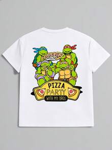 Strevion TEENAGE MUTANT NINJA TURTLES | SHEIN 男士極簡忍者龜披薩圖案印花字母圓領短袖夏季T恤 - 白色 - 查看 1