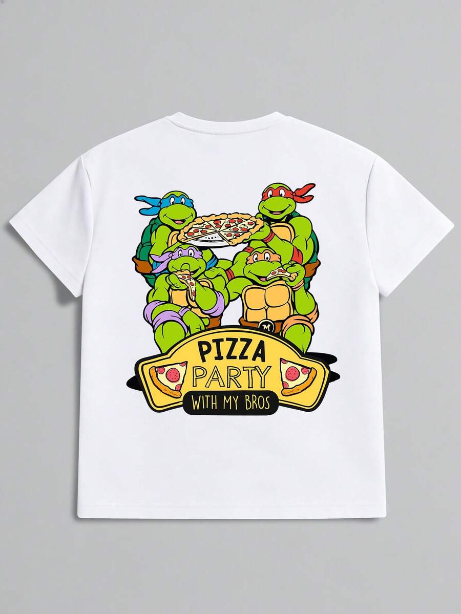 Strevion TEENAGE MUTANT NINJA TURTLES | SHEIN 男士極簡忍者龜披薩圖案印花字母圓領短袖夏季T恤 - 白色 - 查看 1