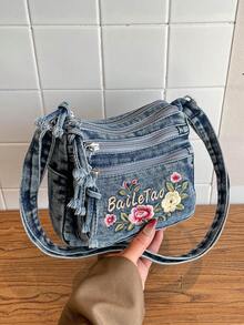 Bolso de mezclilla de estilo retro elegante y artístico para mujeres, casual y versátil, bolso de hombro de nicho, bolso de mensajero de gran capacidad para ir a la oficina, citas, compras y uso diario - Multicolor - Ver 9