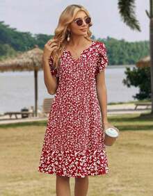 ,Flower Dress Women,2026 Women's Summer Casual Floral V-Neck A-Line T-Shirt Mini Dress Short Sleeve With Pockets Beach Sundress,Casual Summer Dress, Summer Casual Dress, Holiday Choice - 彩色 - 查看 10