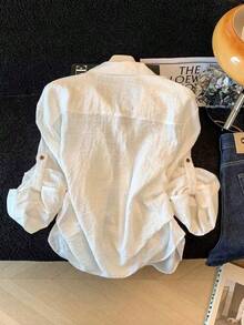 Women's White Polyester Button-Down Shirt, Long Sleeves With Roll-Up Feature, Shirt Collar, Regular Length Casual Top, Suitable For Spring And Autumn - White - View 8