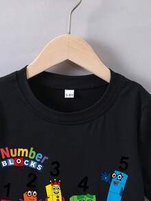 Camiseta de verano de manga corta para niño con estampado de "figura de número de bloque de dibujos animados" - Negro - Ver 3