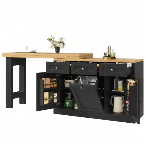 Extendable Bar Table With Storage, Folding Dining Table With Drawer And Snack Shelf, Sliding Bin Holder (Bin Not Included), Space-Saving Design Ideal For Small Apartments And Kitchens, White - 黑色 - 查看 1