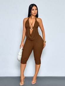 Conjunto de Dos Piezas Sexy y Elegante para Vacaciones en la Playa y Viajes Diarios, Top Halter y Pantalones de Seis Pulgadas, Textura Tejida y Diseño de Cuello Redondo, Ropa de Verano Casual y Cómoda para Mujer Estilo Mujer - Marrón - Ver 4