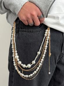 1pc Personalized Punk Style Star Rivet Tassel Pant Chain, Multi-Layer Faux Pearl Chain Body Chain, Versatile Accessory Suitable For Men's Daily Wear, Creative Boyfriend Birthday Gift - Star-studded Tassel Faux Pearl Trouser Chain - View 2