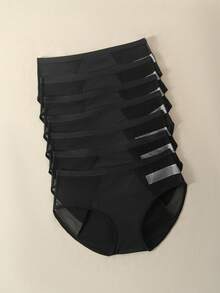 7pcs Women's Black Semi-Transparent Mesh Spliced Sexy Silky Mid-Waist Briefs, Slightly See-Through Full-Coverage Triangle Panties Set - Black - View 5